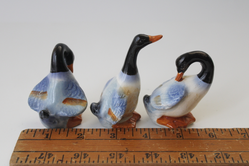 vintage Japan ceramic figurines, trio of ducks, mid-century mod decor