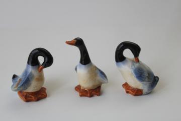 vintage Japan ceramic figurines, trio of ducks, mid-century mod decor