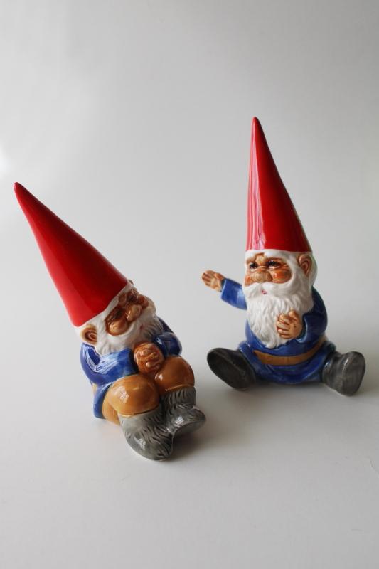 vintage Japan ceramic gnome S&P shakers, Book of Gnomes figurines