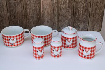 vintage Japan ceramic kitchen set, rooster / red gingham S&P, soup mugs, cream & sugar