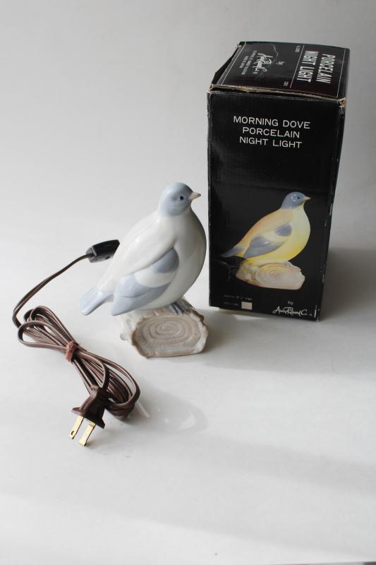 vintage Japan ceramic night light in original box, china dove pigeon bird 