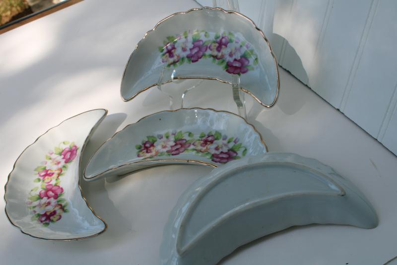 vintage Japan china bone dishes, crescent shape side plates w/ pansies floral