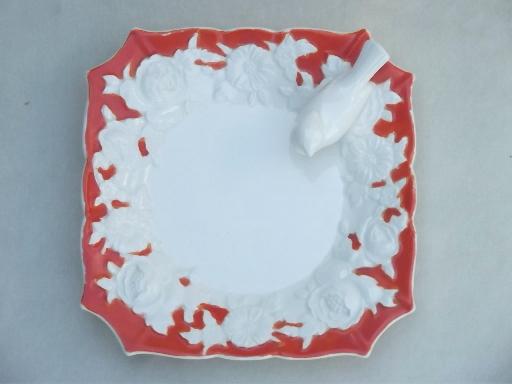 vintage Japan china dish w/ perching bird & roses in ivory & orange 