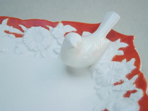 vintage Japan china dish w/ perching bird & roses in ivory & orange 