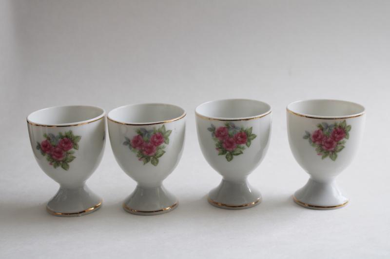 vintage Japan china egg cups w/ pink rose pattern, pretty Easter eggs holders!