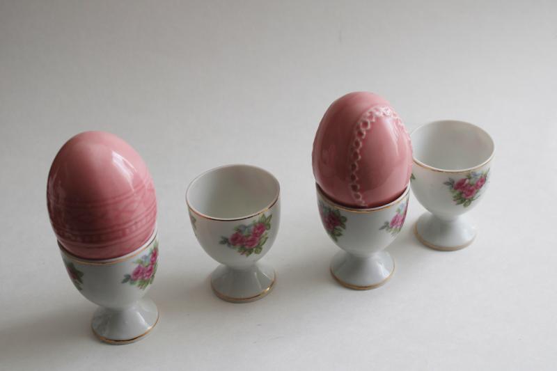 vintage Japan china egg cups w/ pink rose pattern, pretty Easter eggs holders!