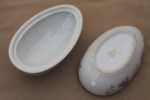 vintage Japan china trinket box, Easter egg shaped porcelain box w/ pink roses