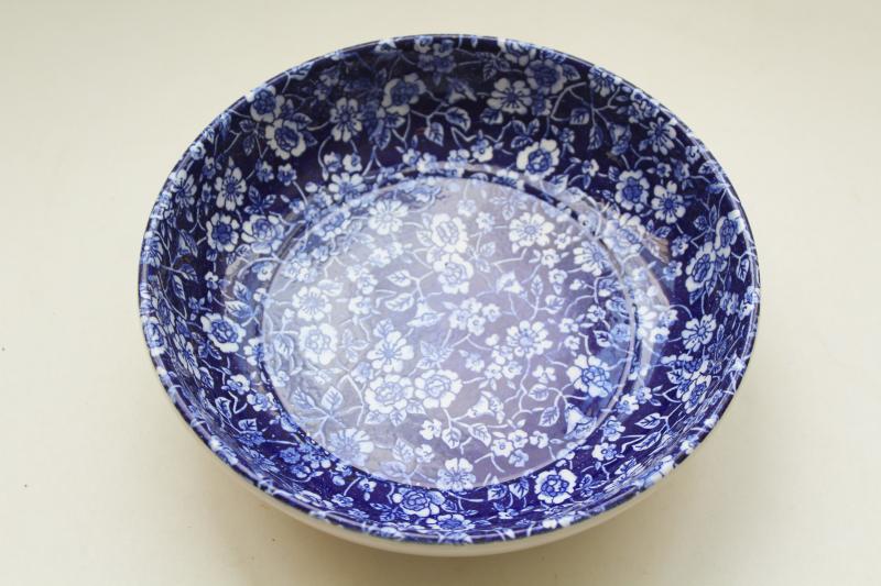 vintage Japan chintz china bowl, cobalt blue and white calico floral pattern