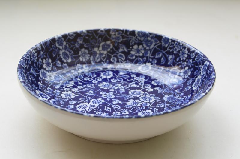 vintage Japan chintz china bowl, cobalt blue and white calico floral pattern