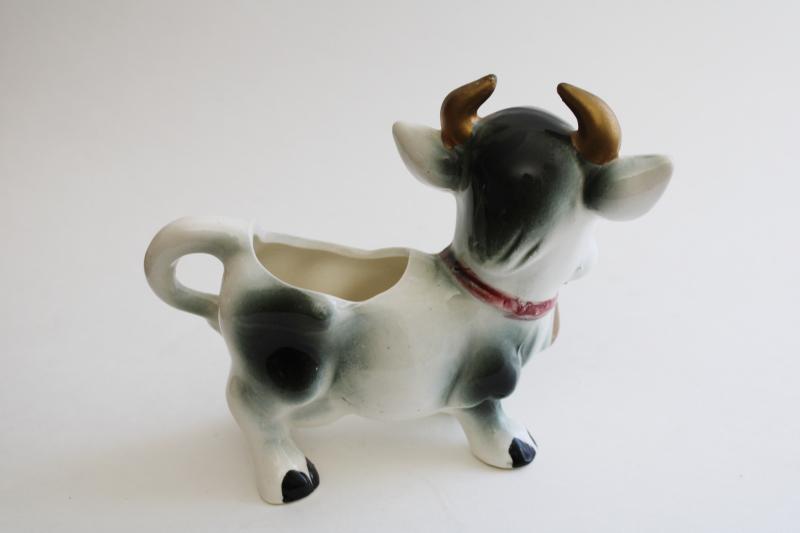 vintage Japan cow creamer, happy holstein w/ cowbell hand painted ceramic cream pitcher