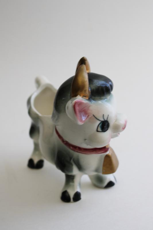 vintage Japan cow creamer, happy holstein w/ cowbell hand painted ceramic cream pitcher