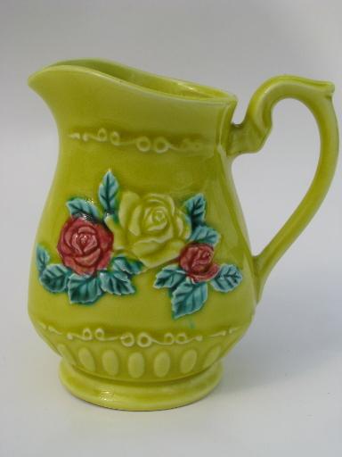 vintage Japan cream pitcher, majolica style flowers on chartreuse yellow