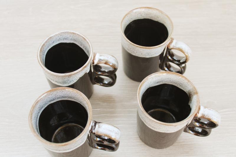 vintage Japan dark brown drip glaze ceramic mugs, two finger hole trigger grip handle