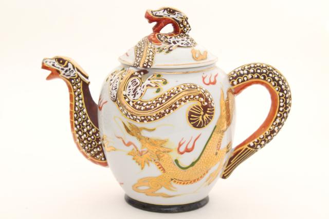 vintage Japan dragonware china tea set, lithophane porcelain cups, plates, dragon teapot