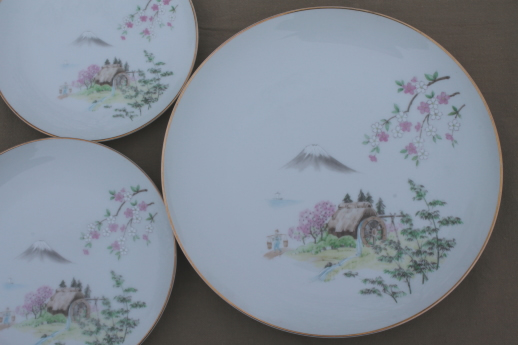 vintage Japan fine china dinnerware, Momoyama mill water wheel & mountains