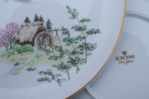 vintage Japan fine china dinnerware, Momoyama mill water wheel & mountains