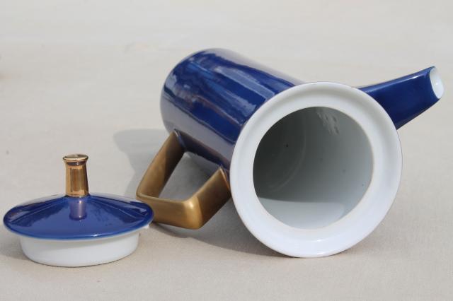 vintage Japan fine china espresso set, coffee pot & tall cups in cobalt blue w/ gold