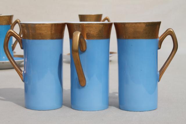 vintage Japan fine china tall espresso coffee cups & saucers, sky blue w/ gold