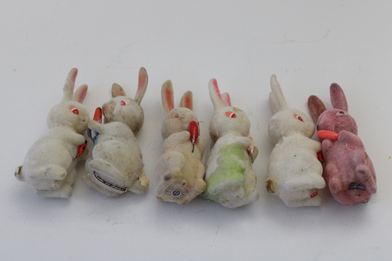 vintage Japan flocked bunnies Easter decorations, shabby worn rabbits needing TLC