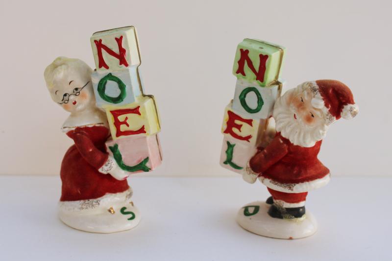 vintage Japan flocked ceramic Santa and Mrs Claus NOEL figurine S&P shakers
