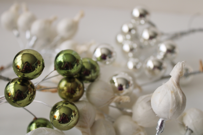 vintage Japan glass ball Christmas decorations, sprays of mini ornaments wire picks