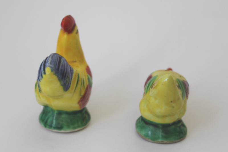 vintage Japan hand painted ceramic S&P shakers, bright colored rooster  hen figurines