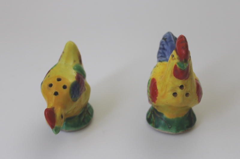 vintage Japan hand painted ceramic S&P shakers, bright colored rooster  hen figurines