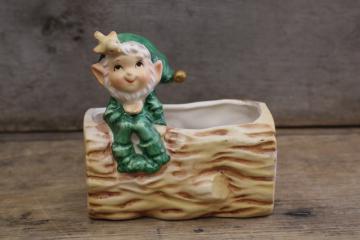 vintage Japan hand painted ceramic planter pot, green gnome w/ bird on log 