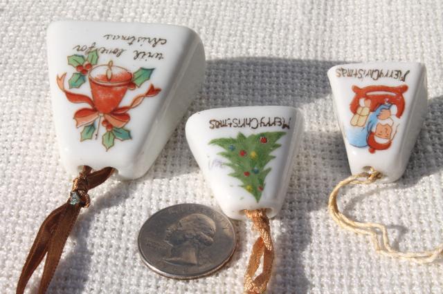 vintage Japan hand painted china Christmas ornaments, mini porcelain bells for holiday decoration