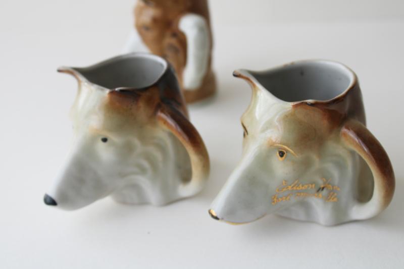vintage Japan hand painted china collie dogs Toby mugs, tiny figural cups