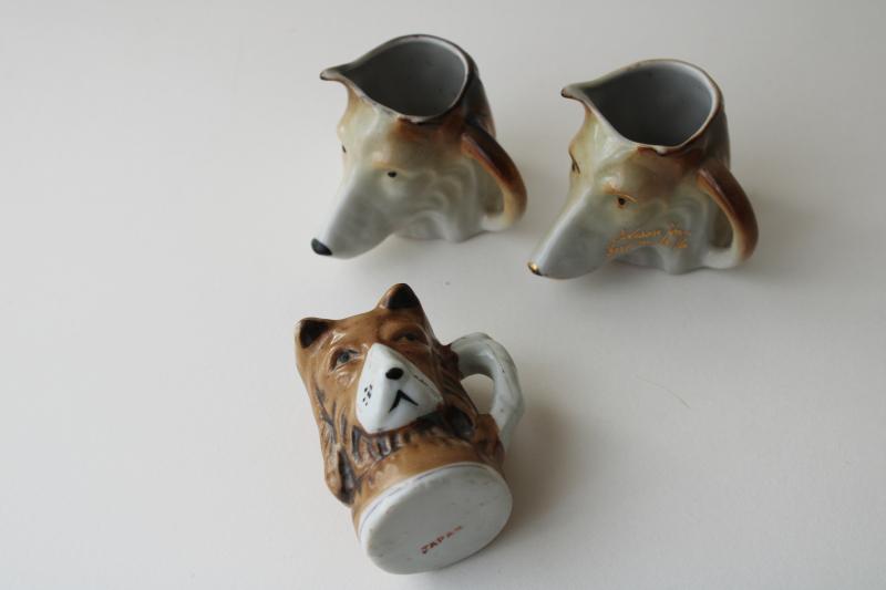 vintage Japan hand painted china collie dogs Toby mugs, tiny figural cups
