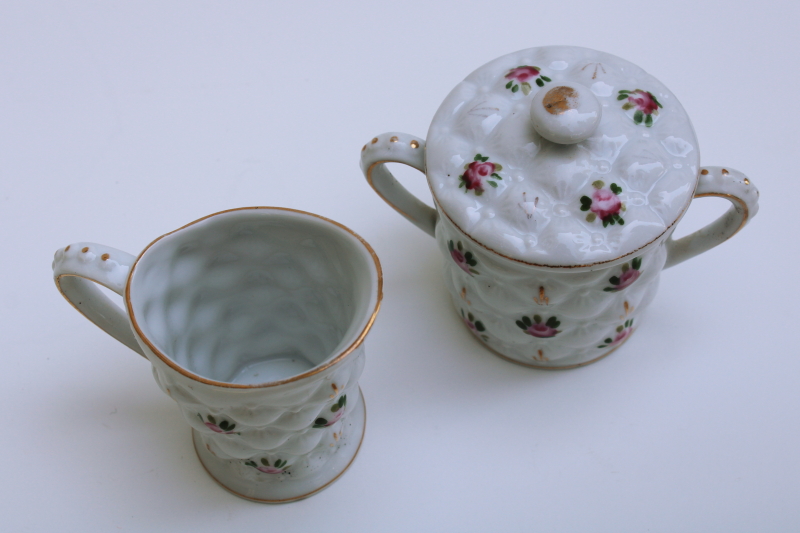 vintage Japan hand painted china cream & sugar set, milk glass look quilted ceramic w/ pink roses