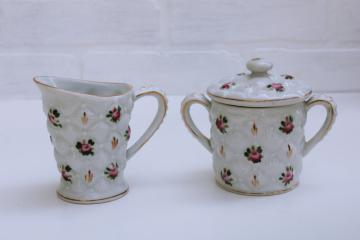 vintage Japan hand painted china cream & sugar set, milk glass look quilted ceramic w/ pink roses