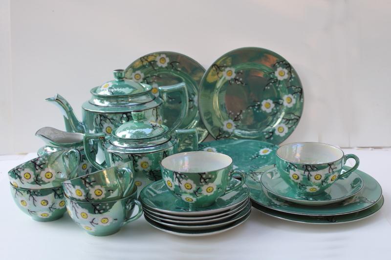 vintage Japan hand painted luster ware china tea set, jade green w/ cherry or plum blossom