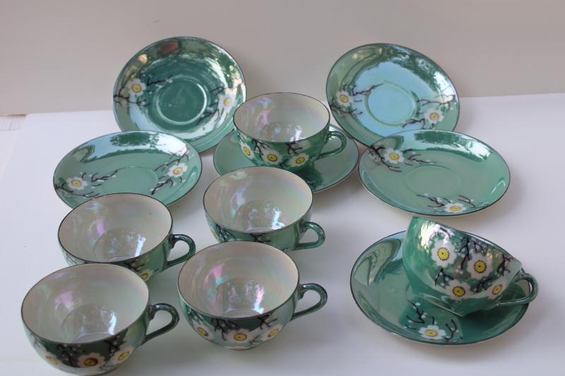 vintage Japan hand painted luster ware china tea set, jade green w/ cherry or plum blossom