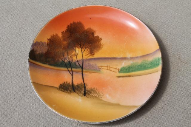 vintage Japan hand-painted china plates, tree on lake scenes & seasons 