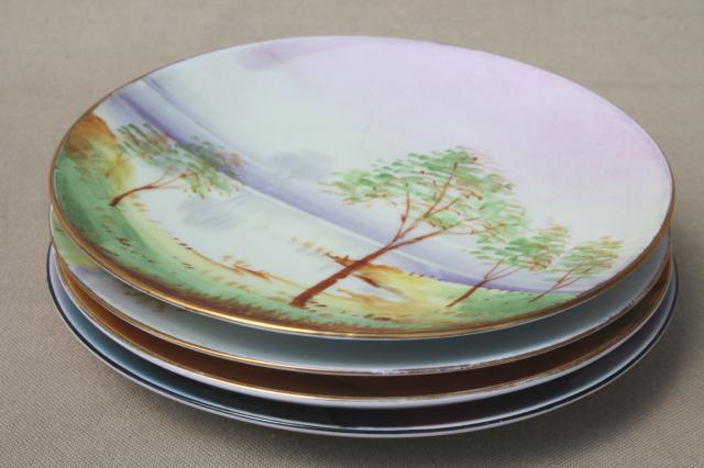 vintage Japan hand-painted china plates, tree on lake scenes & seasons 
