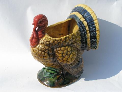vintage Japan handpainted pottery planter, Thanksgiving tom turkey