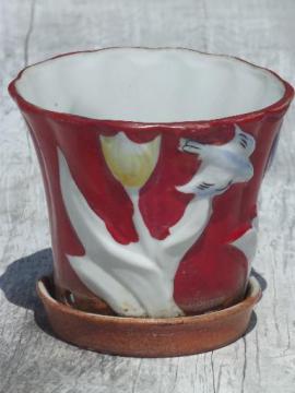 vintage Japan hand-painted tulip & bluebird china flower pot planter
