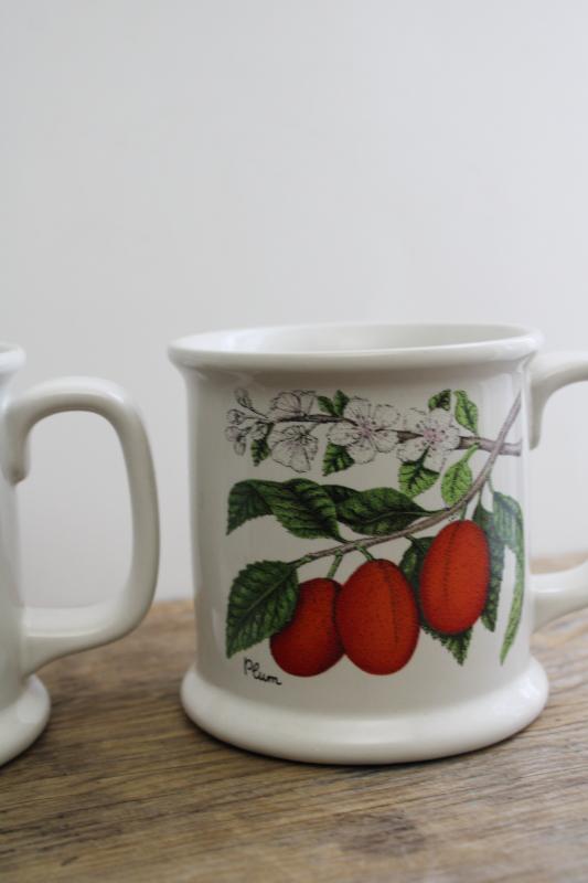 vintage Japan heavy white ironstone china mugs w/ botanical fruit prints