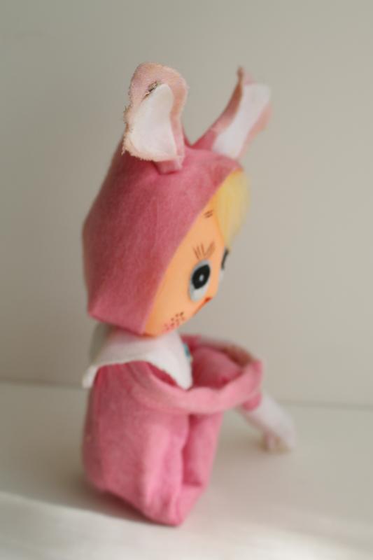 vintage Japan knee hugger pixie girl, pink Easter bunny holiday elf ornament