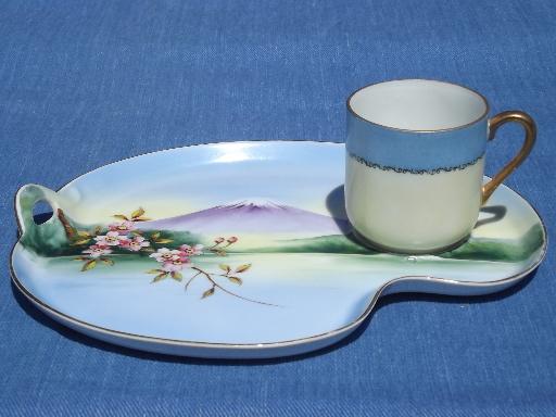 vintage Japan lithophane porcelain snack sets, Mt Fuji tea cups and plates