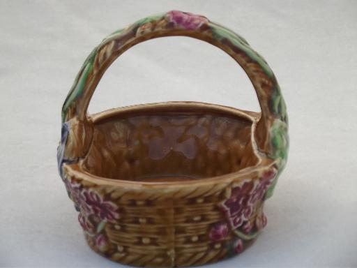 vintage Japan majolica style pottery, African violet planter basket 
