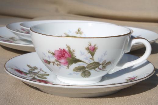 vintage Japan moss rose china, pink roses porcelain dinnerware set for 12
