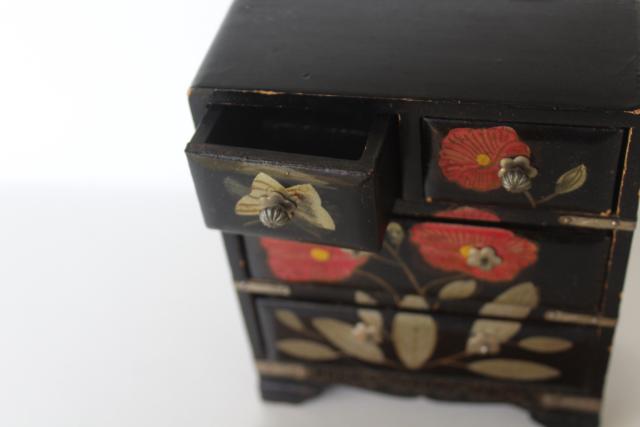 vintage Japan painted lacquerware wood jewelry box or miniature doll size dresser