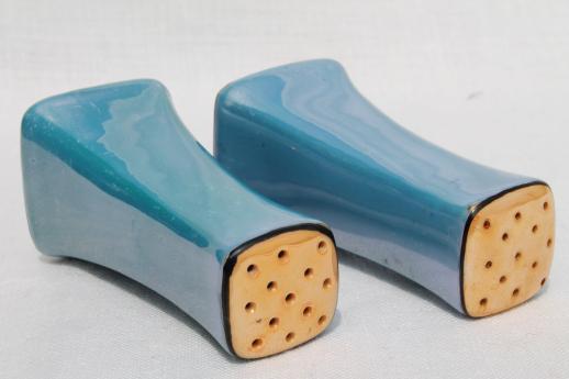 vintage Japan porcelain salt & pepper shakers, hand-painted blue luster china S&P set