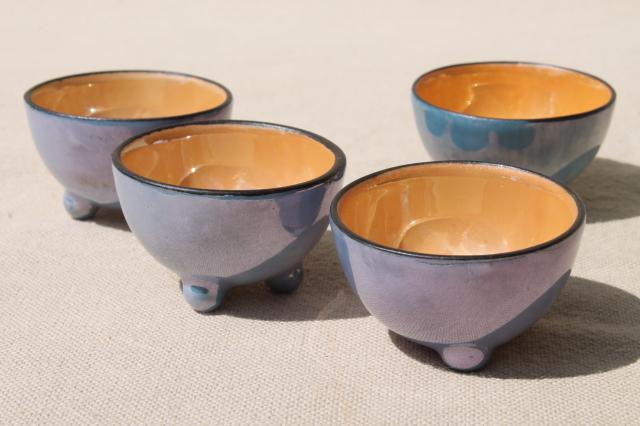 vintage Japan porcelain salts / salt dips, set of tiny painted china bowls in blue & peach luster