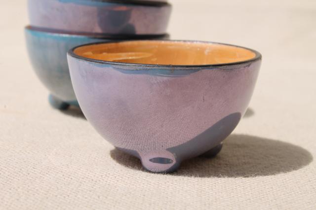 vintage Japan porcelain salts / salt dips, set of tiny painted china bowls in blue & peach luster
