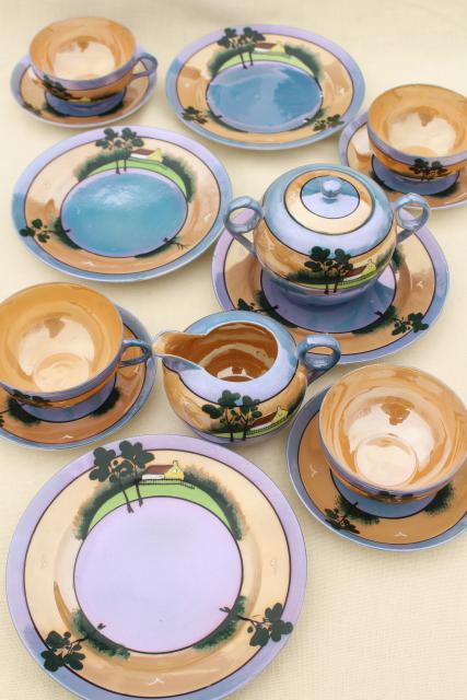 vintage Japan porcelain tea cups & saucers, plates, cream & sugar set, hand painted cottage ware