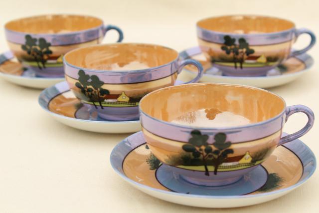 vintage Japan porcelain tea cups & saucers, plates, cream & sugar set, hand painted cottage ware